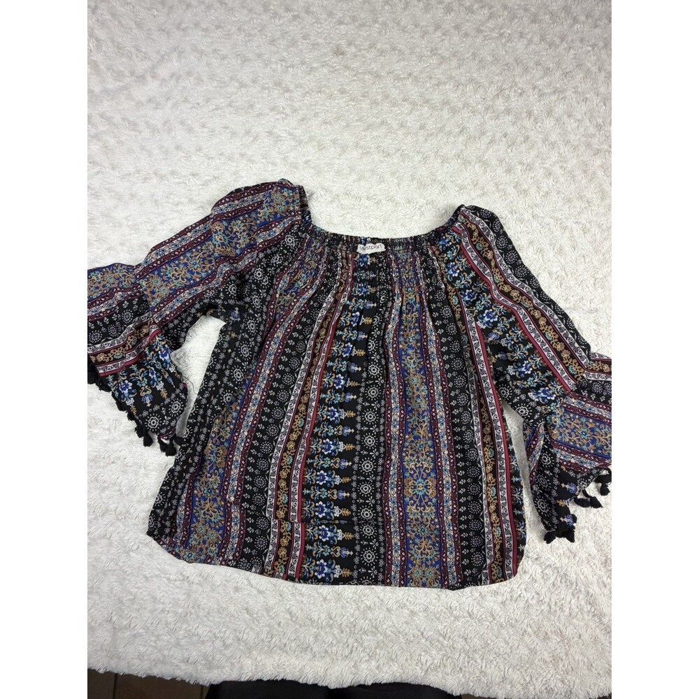 Westport Multicolor Smocked Neck Tassel Bell Sleeves Peasant Top Size am